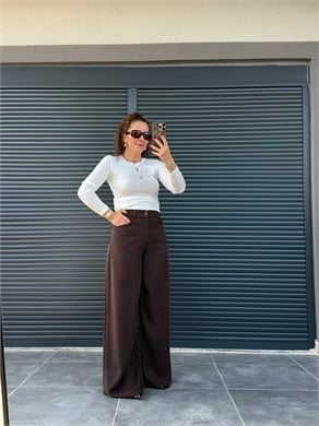 Premium Yumuşak Dokulu Denim Palazzo Acı Kahve