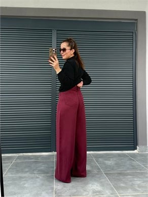 Premium Yumuşak Dokulu Denim Palazzo Bordo