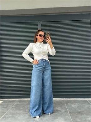 Premium Yumuşak Dokulu Denim Palazzo Kot Mavi