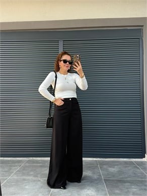 Premium Yumuşak Dokulu Denim Palazzo Siyah