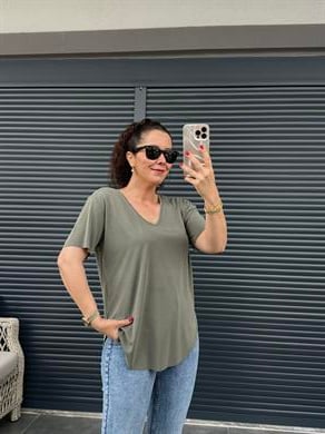 Premium V Yaka Salaş T-shirt Haki
