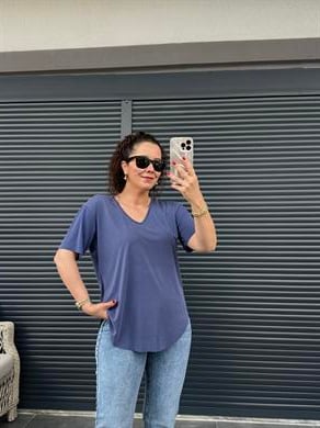 Premium V Yaka Salaş T-shirt İndigo