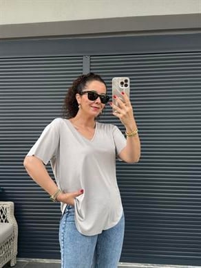 Premium V Yaka Salaş T-shirt Taş