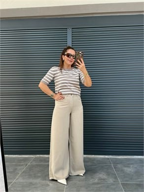 Premium Yumuşak Dokulu Denim Palazzo Bej