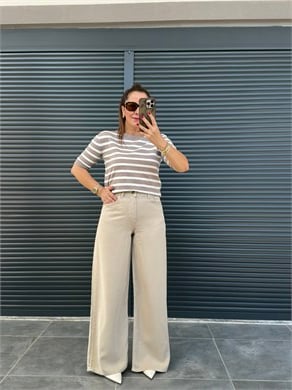 Premium Yumuşak Dokulu Denim Palazzo Bej
