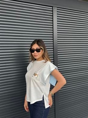 Pul Detaylı Tasarım T-shirt Bebe Mavi
