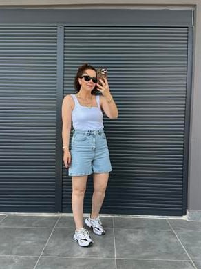 Şehir Boy Mom Kot Şort  Açık Mavi