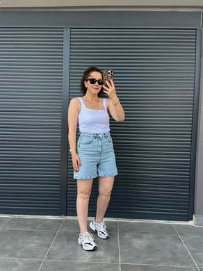 Şehir Boy Mom Kot Şort  Açık Mavi