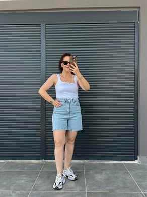 Şehir Boy Mom Kot Şort  Açık Mavi