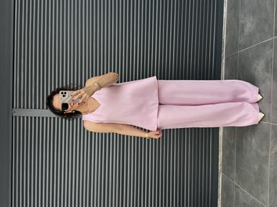 Tensel Kumaş V Yaka Bluz Palazzo Pantolon  Pembe
