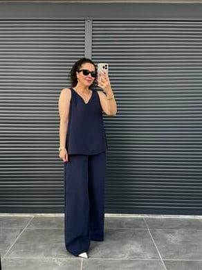Tensel Kumaş V Yaka Bluz Palazzo Pantolon Lacivert