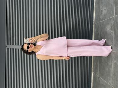 Tensel Kumaş V Yaka Bluz Palazzo Pantolon  Pembe