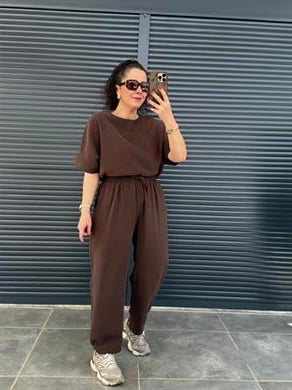 Tensel Kumaş Yarasa Kol Bluz Pantolon Takım Acı Kahve 