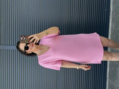 V Yaka Modal Kumaş Dökümlü Elbise  Pembe 