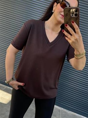 V Yaka Modal Kumaş T-shirt Acı Kahve 