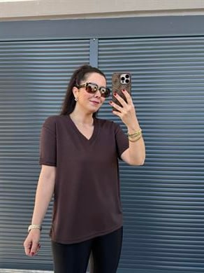 V Yaka Modal Kumaş T-shirt Acı Kahve 