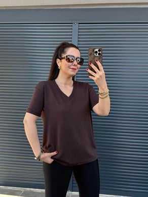 V Yaka Modal Kumaş T-shirt Acı Kahve 