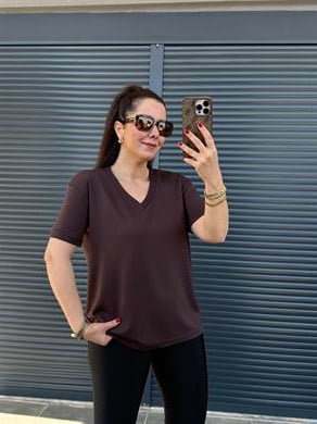 V Yaka Modal Kumaş T-shirt Acı Kahve 