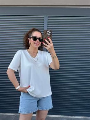 V Yaka Modal Kumaş T-shirt Beyaz 