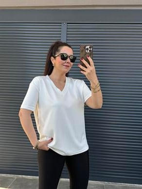 V Yaka Modal Kumaş T-shirt Beyaz 