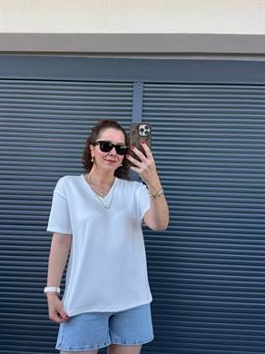 V Yaka Modal Kumaş T-shirt Beyaz 