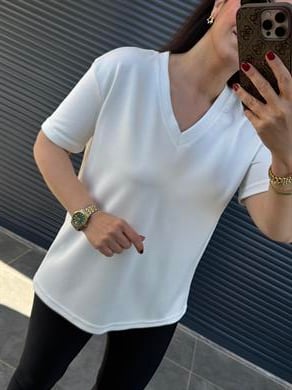 V Yaka Modal Kumaş T-shirt Beyaz 
