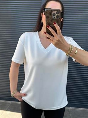 V Yaka Modal Kumaş T-shirt Beyaz 