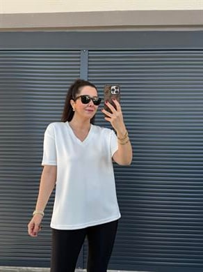 V Yaka Modal Kumaş T-shirt Beyaz 