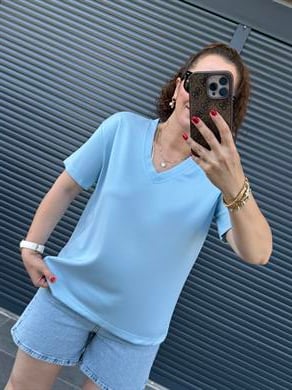 V Yaka Modal Kumaş T-shirt Mavi