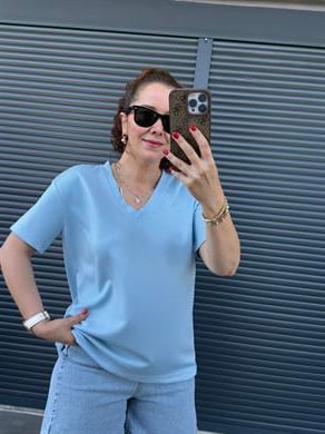 V Yaka Modal Kumaş T-shirt Mavi
