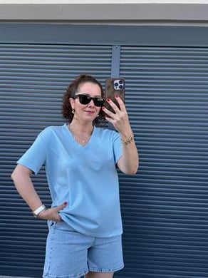 V Yaka Modal Kumaş T-shirt Mavi