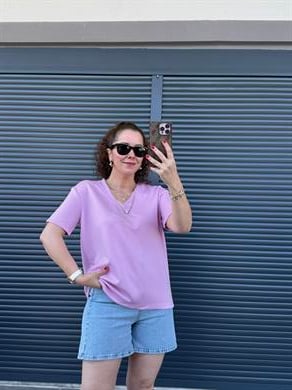 V Yaka Modal Kumaş T-shirt  Pembe