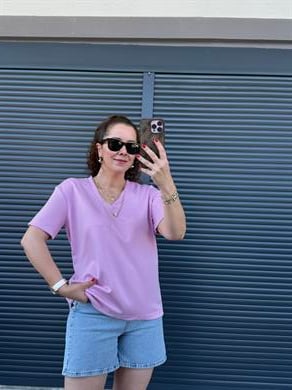 V Yaka Modal Kumaş T-shirt  Pembe