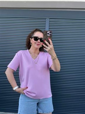V Yaka Modal Kumaş T-shirt  Pembe