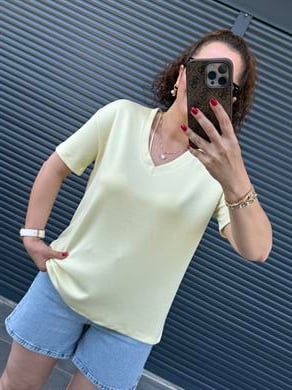 V Yaka Modal Kumaş T-shirt Sarı 
