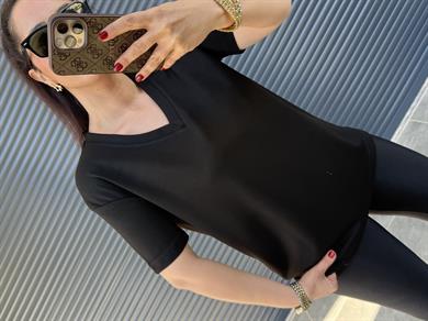 V Yaka Modal Kumaş T-shirt Siyah