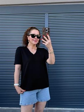 V Yaka Modal Kumaş T-shirt Siyah