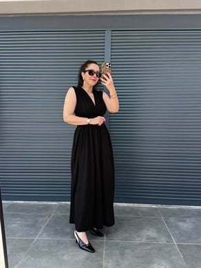 V Yaka Sıfır Kol Modal Elbise Siyah