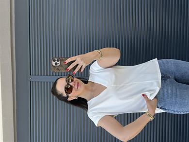 V Yaka Yarasa Kol Modal T-shirt Ekru