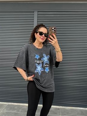 Yıldız Eskitme Oversize T-shirt