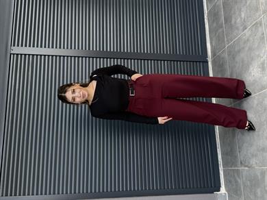 Yüksek Bel Yandan Kemerli Palazzo Pantolon Bordo