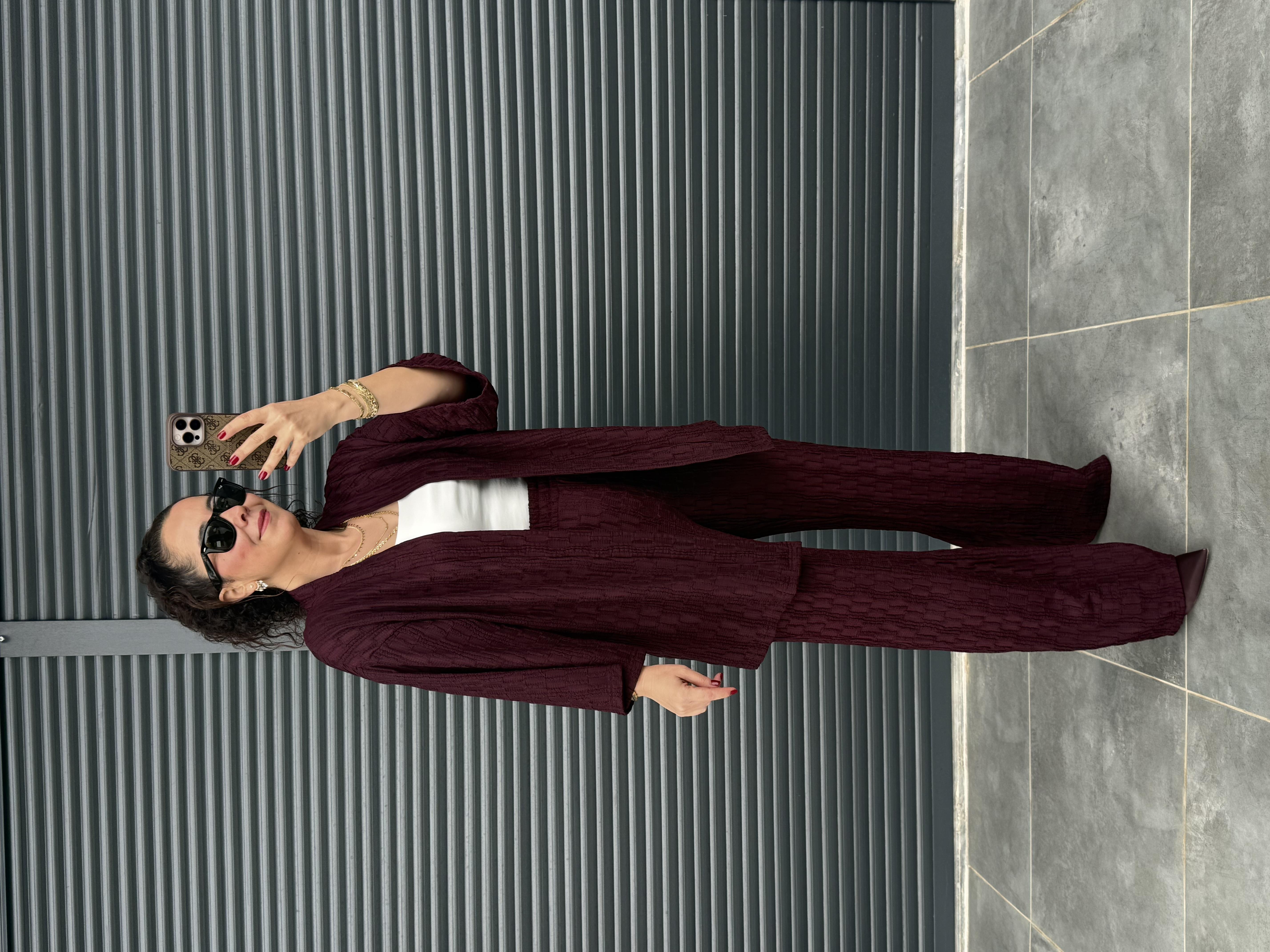 Bürümcük Kumaş Kimono Pantolon Takım Mürdüm