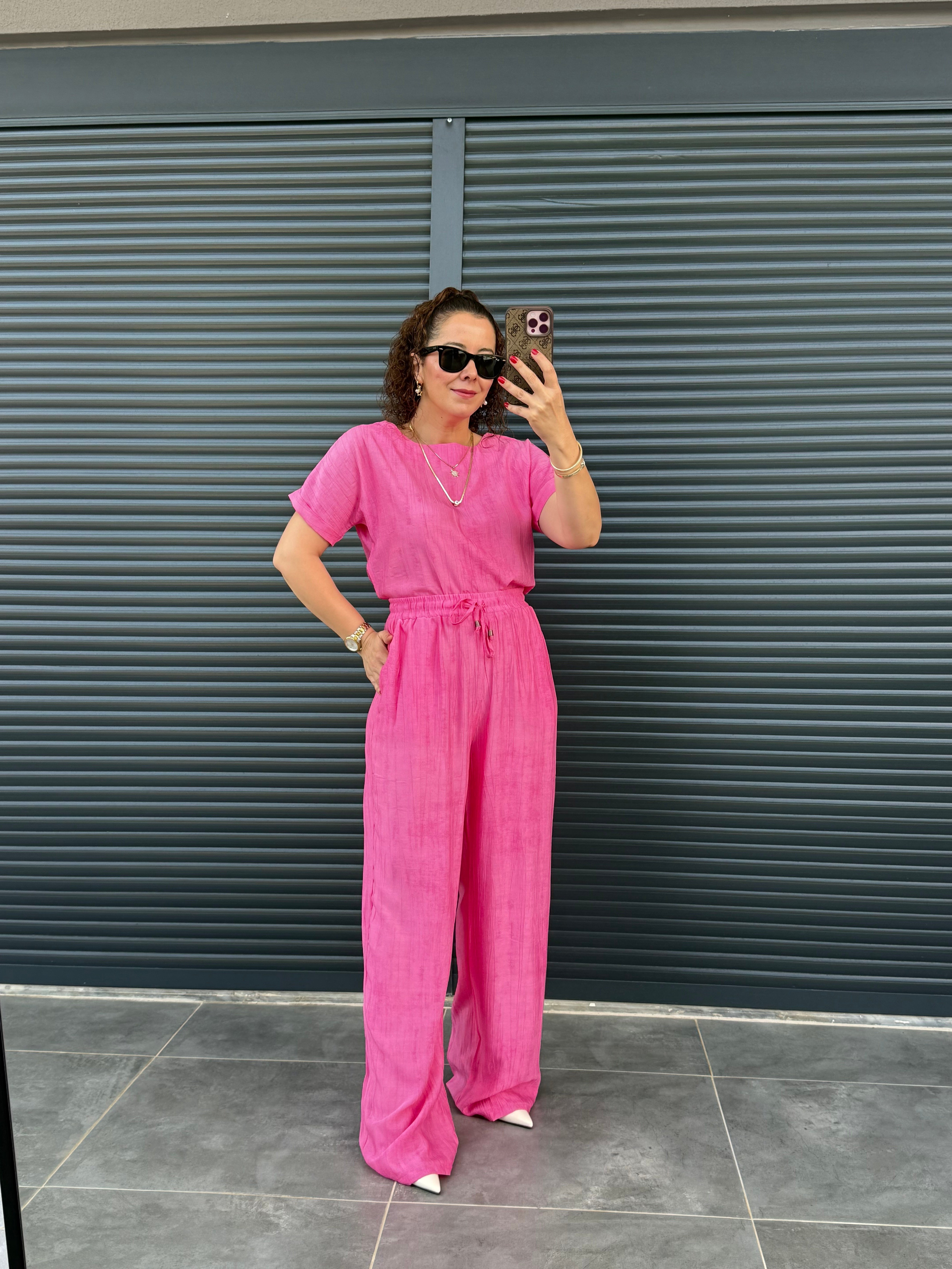 Çilek Kumaş Pantolon Bluz Takım Pembe
