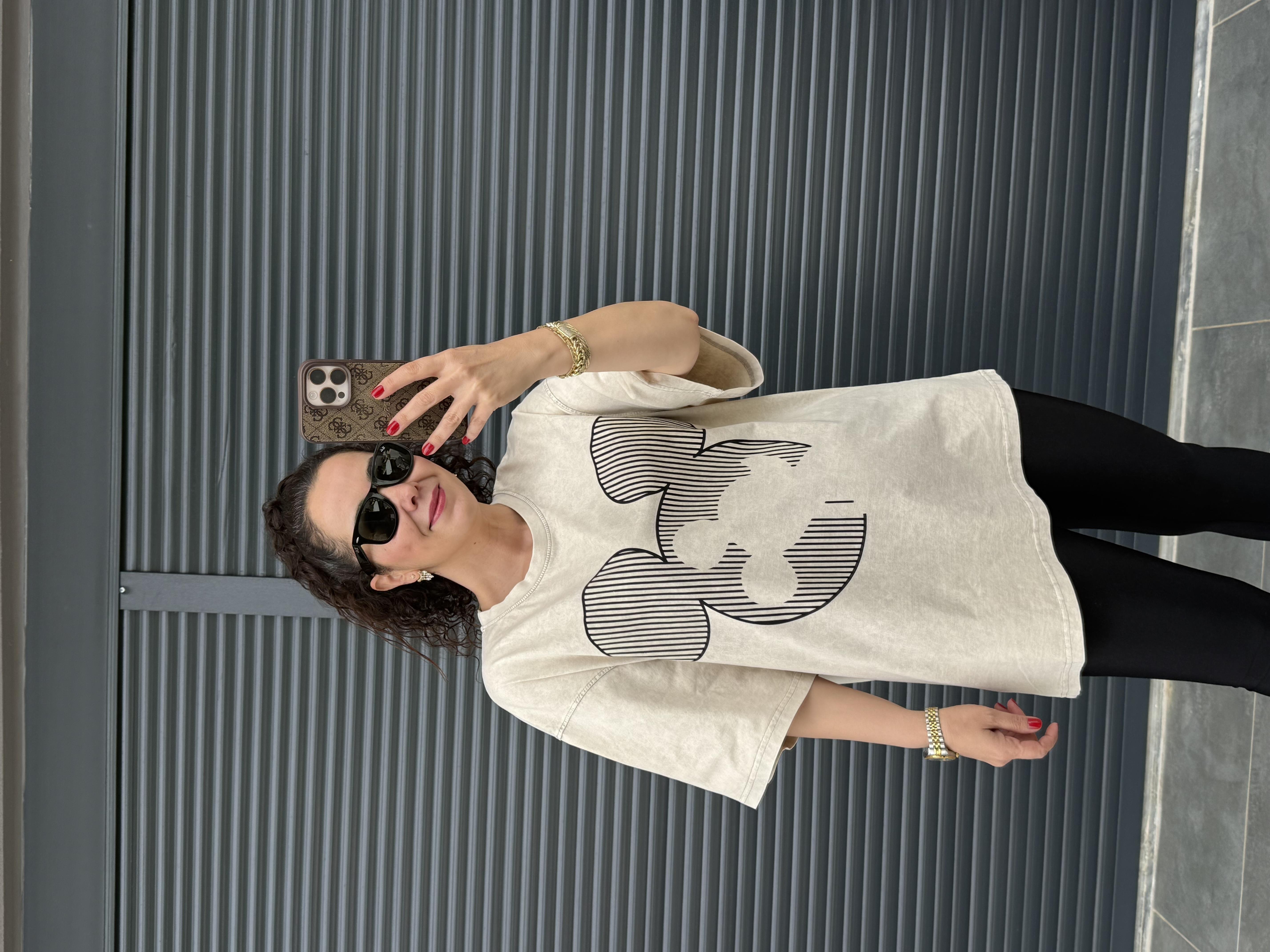 Çizgili Mickey Eskitme Oversize T-shirt