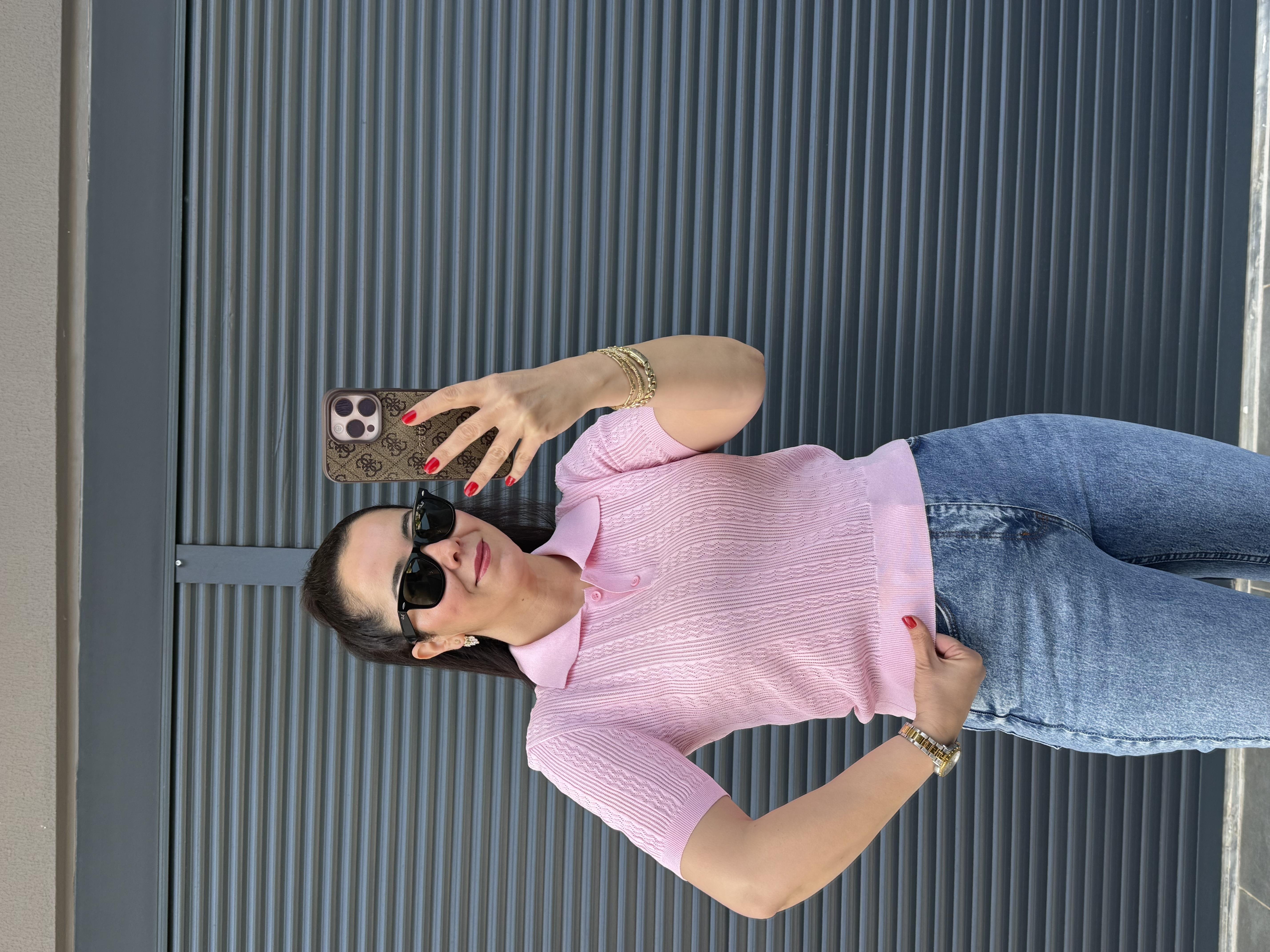 Dilvin Ajurlu Polo Yaka Bluz Pembe