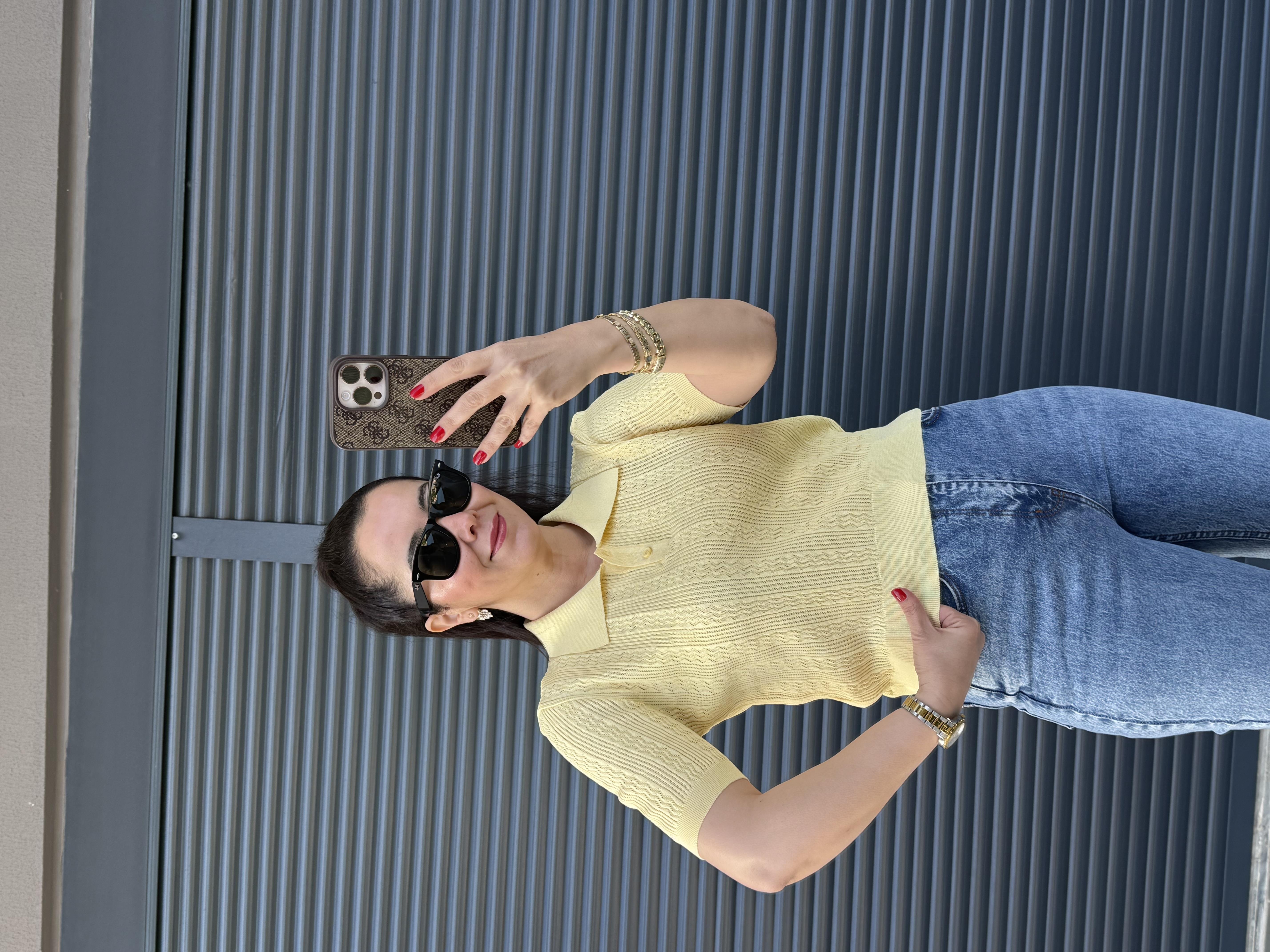 Dilvin Ajurlu Polo Yaka Bluz Sarı