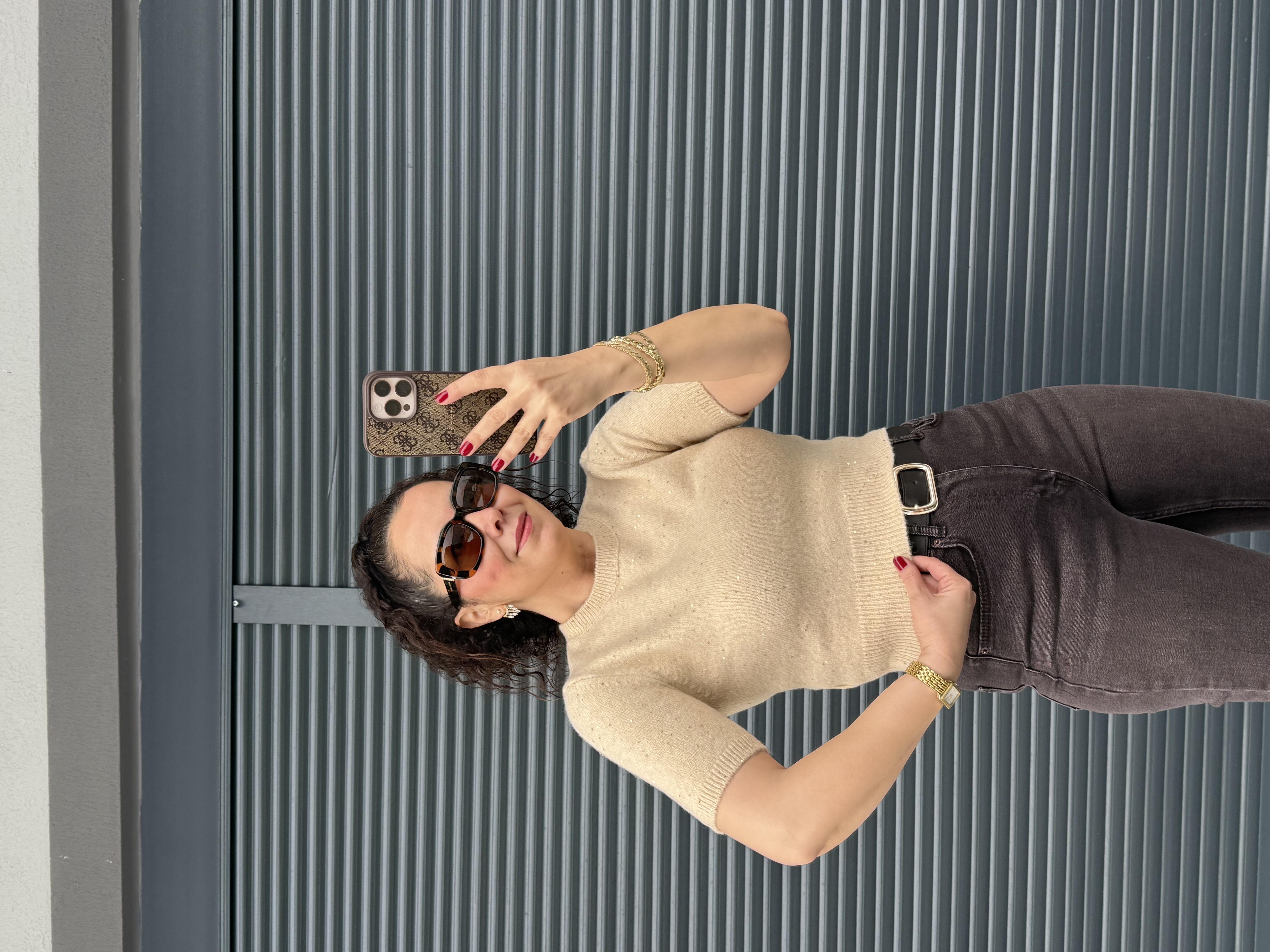 Dilvin Bisiklet Yaka Pullu Simli Triko Bej