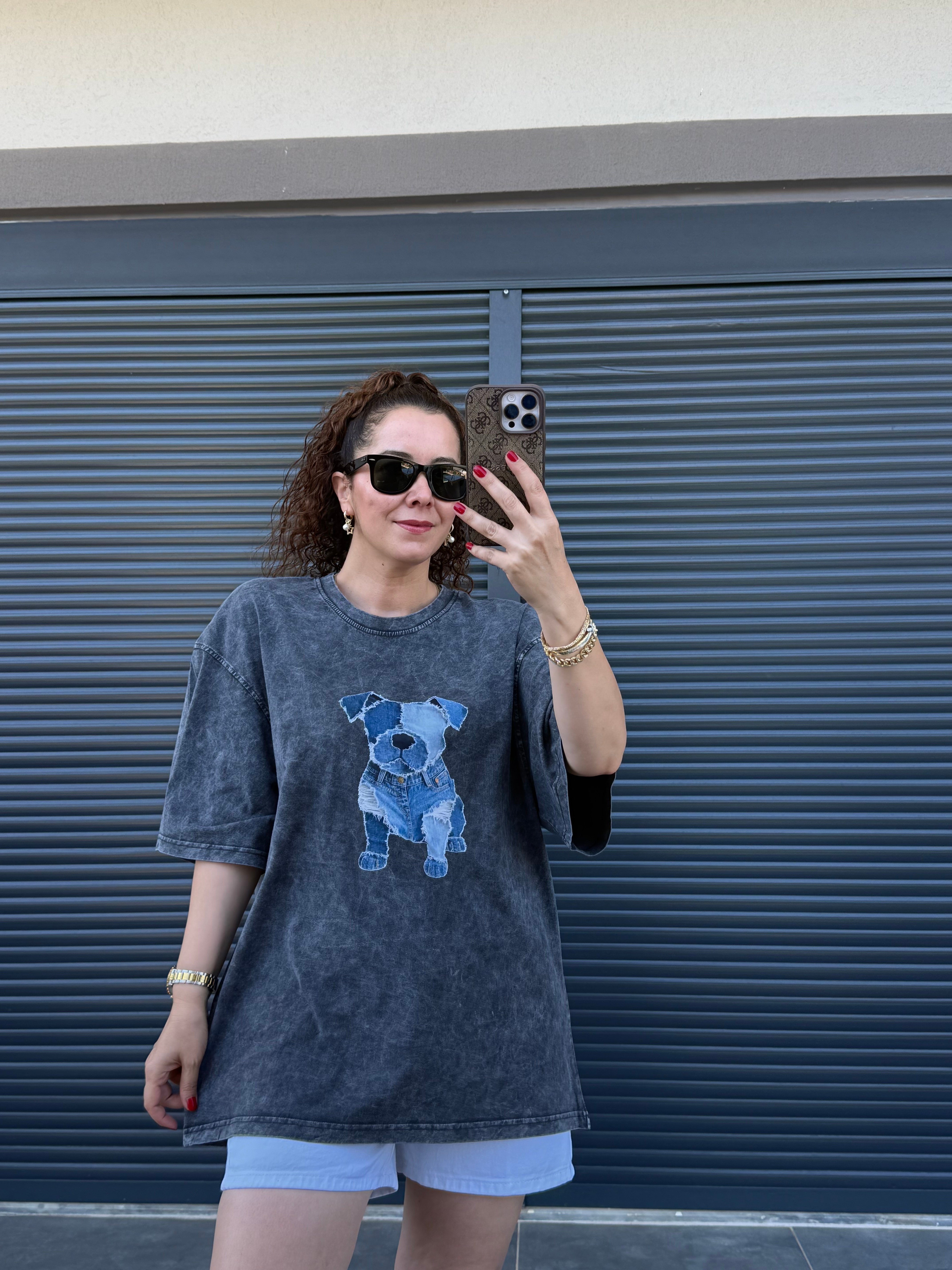 Eskitme Dog Oversize T-shirt Antrasit