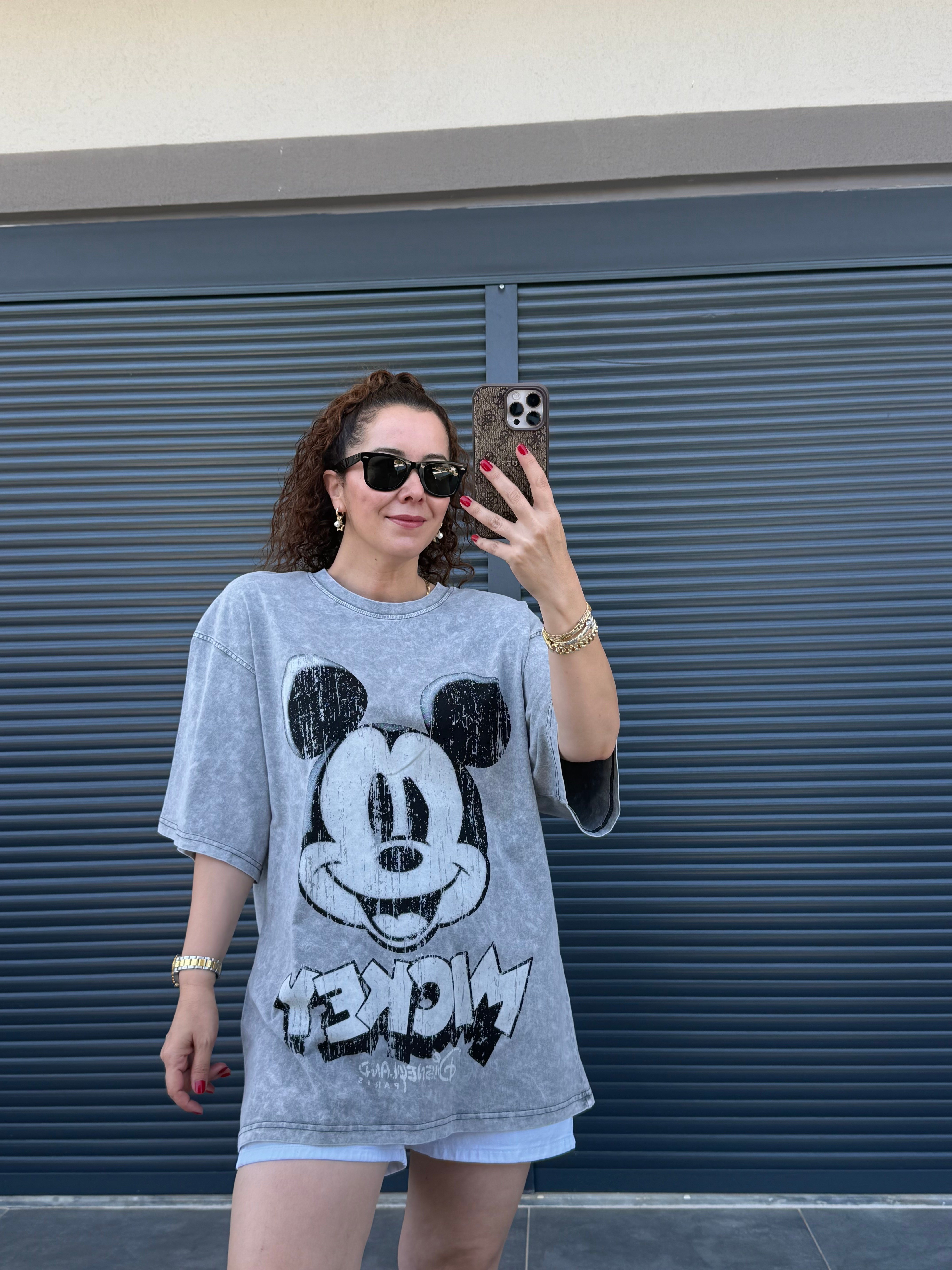 Eskitme Mickey Oversize T-shirt Gri