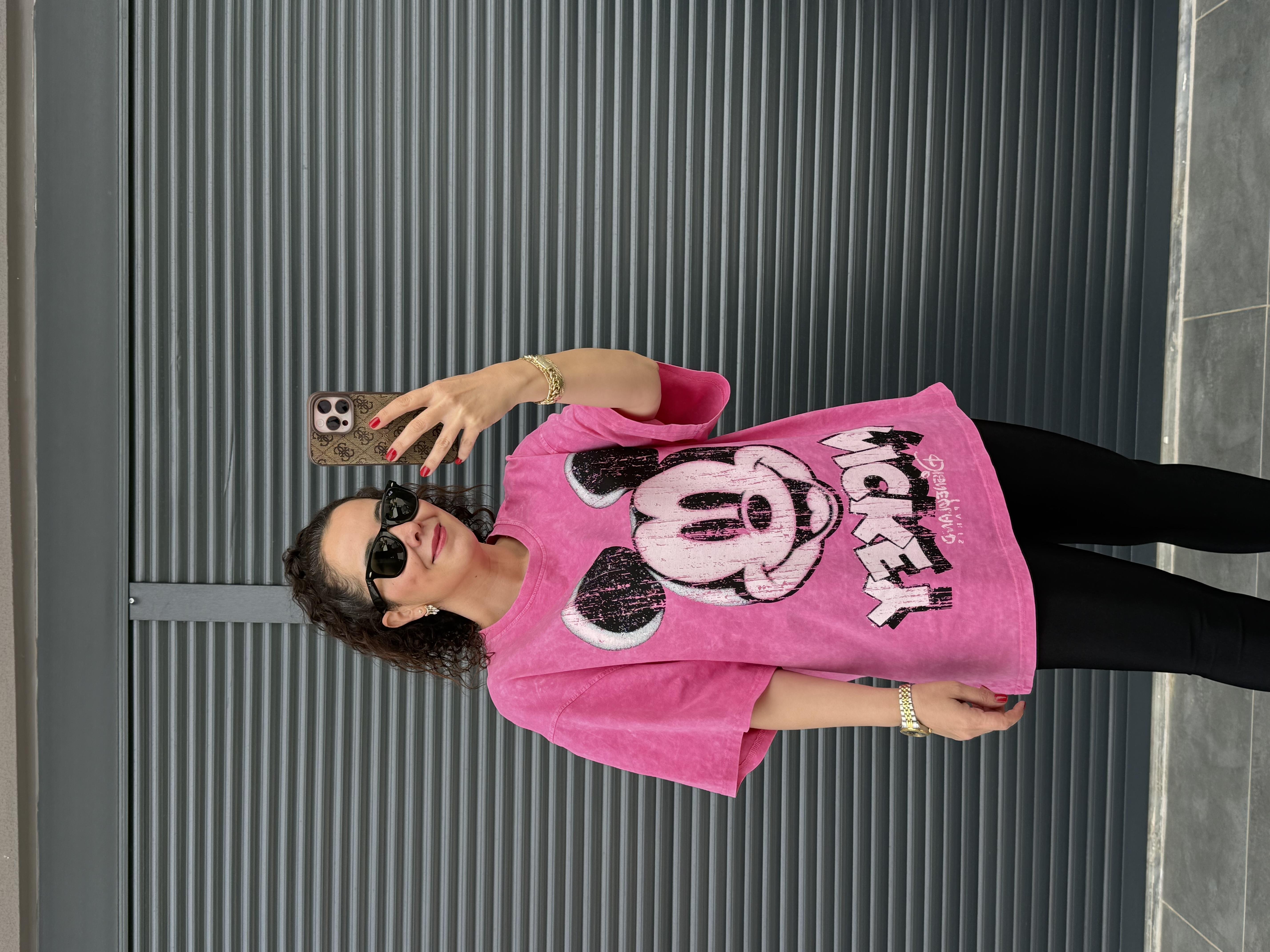 Eskitme Mickey Oversize T-shirt Pembe